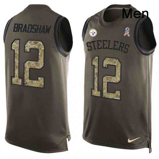 Mens Nike Pittsburgh Steelers 12 Terry Bradshaw Limited Green Salute to Service Tank Top NFL Jersey